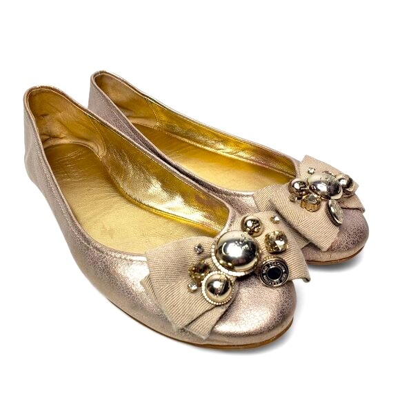 Coach Shoes - Coach Ballet Flats Women's Metallic Gold Foil Jewel Studded Bow Top Slip On 7B